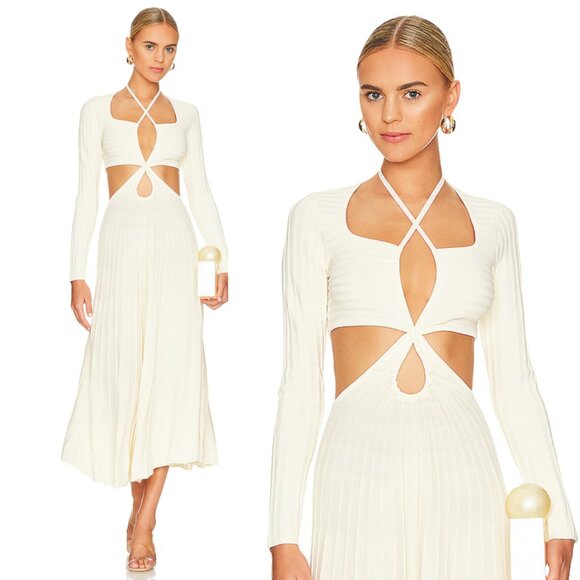 NWT Cult Gaia Fergie Midi Dress Sz Large Off-white Long Sleeve Rib Knit Cut-out - Picture 1 of 10